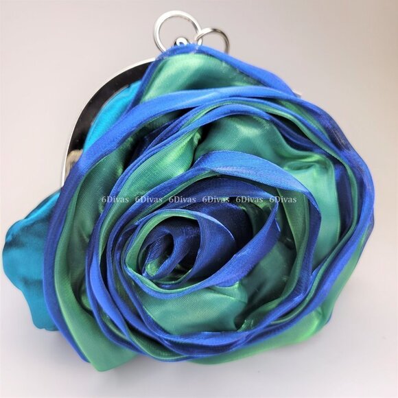 Turquoise Blue Green Floral Satin Evening Clutch Purse NWT - Picture 4 of 5